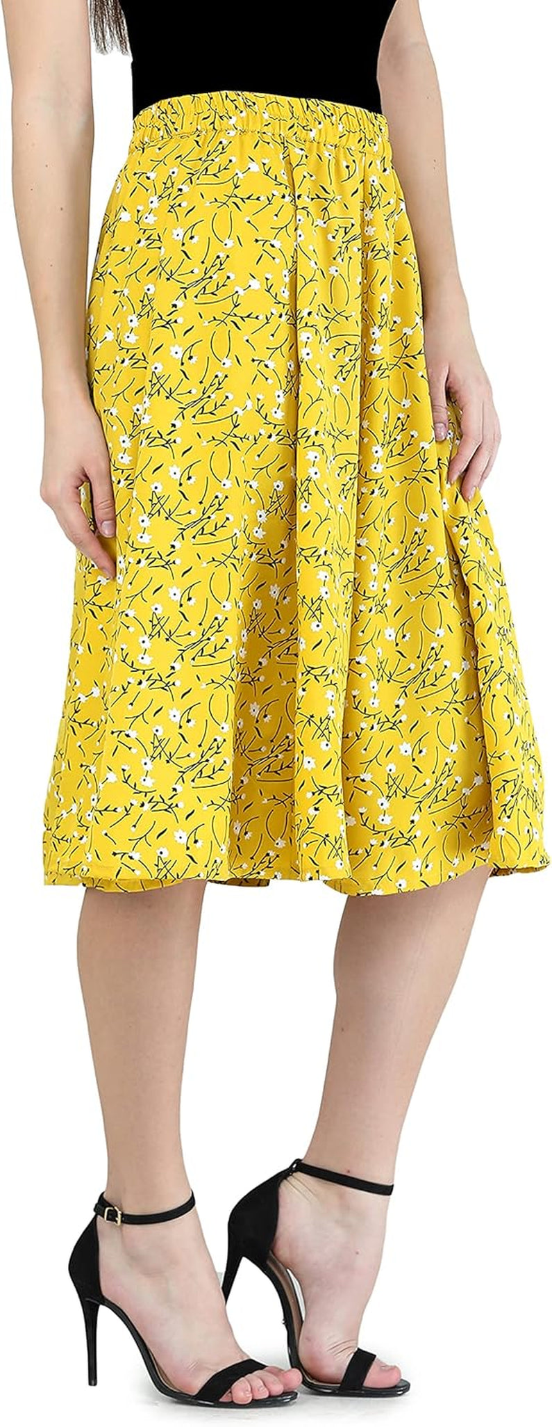 Women'S Casual High Elastic Waist Floral Print Pleated Skirt Midi Skirt