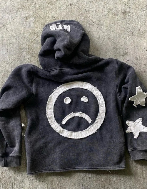 Load image into Gallery viewer, Trendy Brand Crying Face Letter Embroidered Zipper Hoodie Men Y2K Retro Harajuku Jacket Hip-Hop Rock Casual Oversized Sweatshirt
