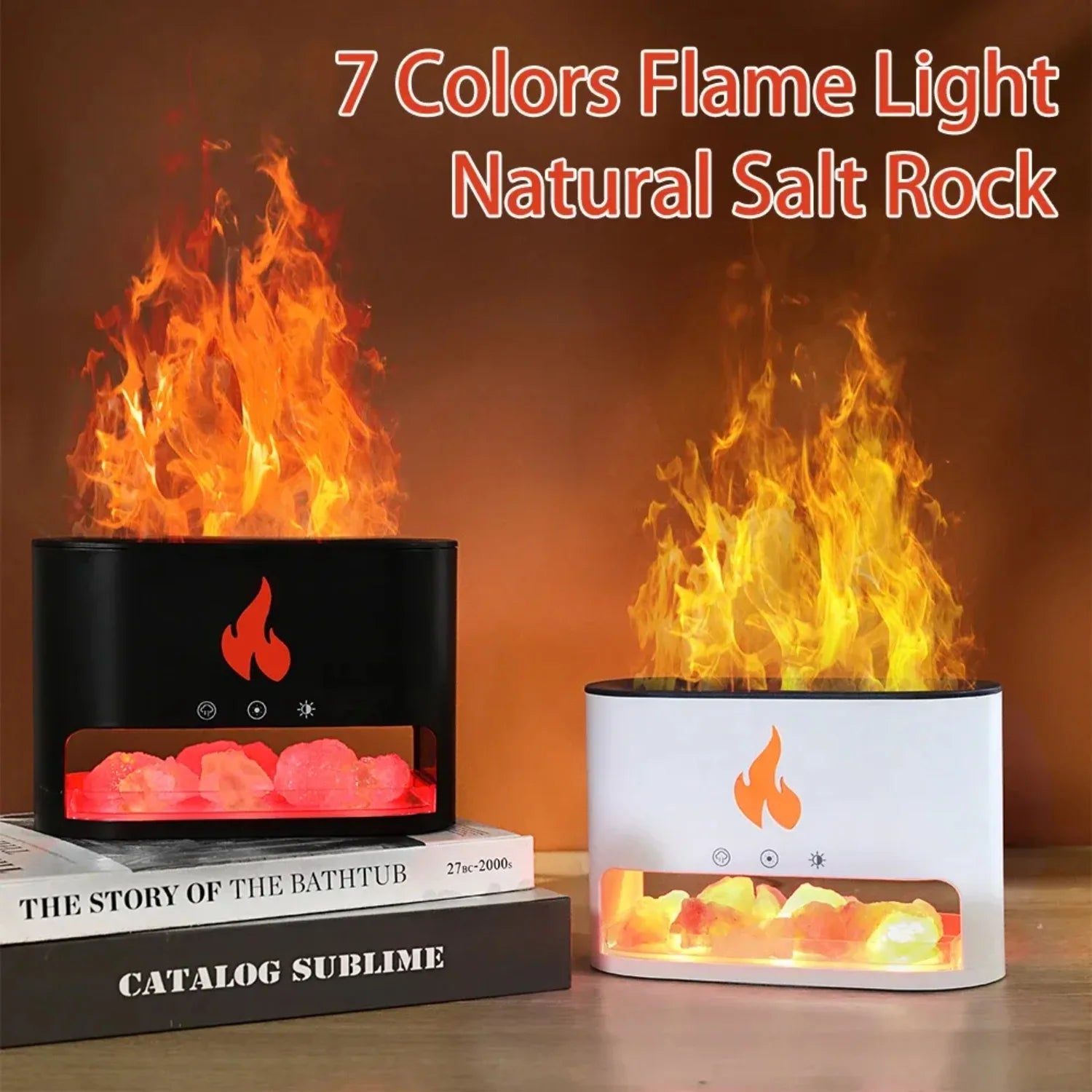 New Fireplace Humidifier Crystal Salt Rock Fire Lamp 7 Color Flame Volcano Air Humidifier Esstial Oil Diffuser For