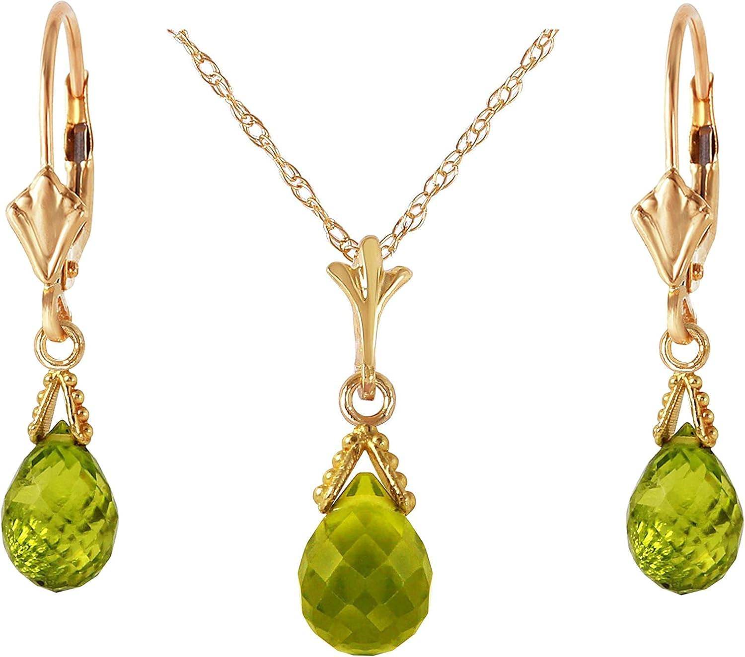 14K Solid Gold Jewelry Set: Natural Briolette 7 Carat Total Peridot Pendant Necklace and Dangle Earrings