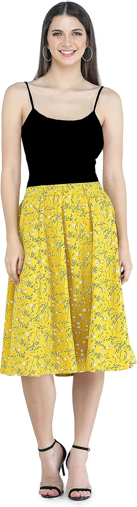 Women'S Casual High Elastic Waist Floral Print Pleated Skirt Midi Skirt