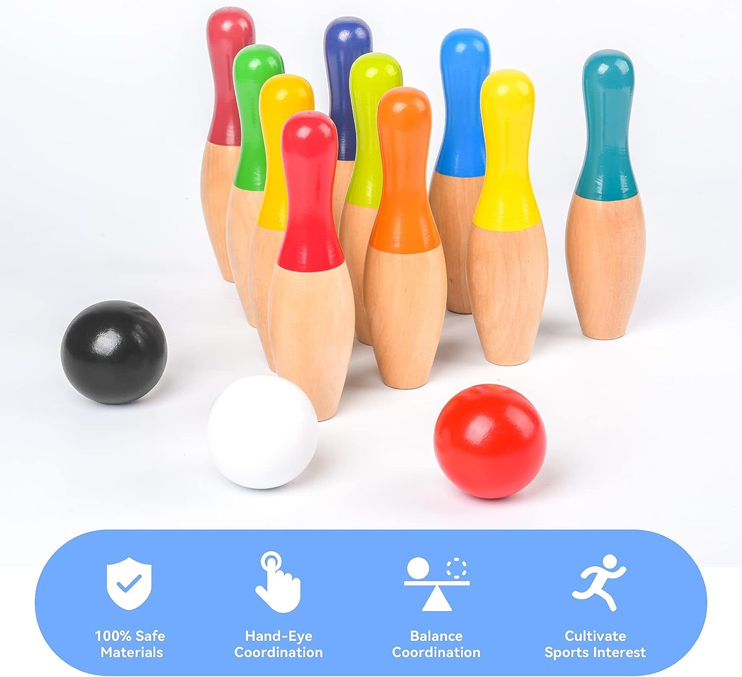 Wood Bowling Backyard Games Wooden Pins Balls,And Mesh Carrying Bag Educational Games Indoor and Outdoor Toys Family Fun for Kids Toddlers and Adults