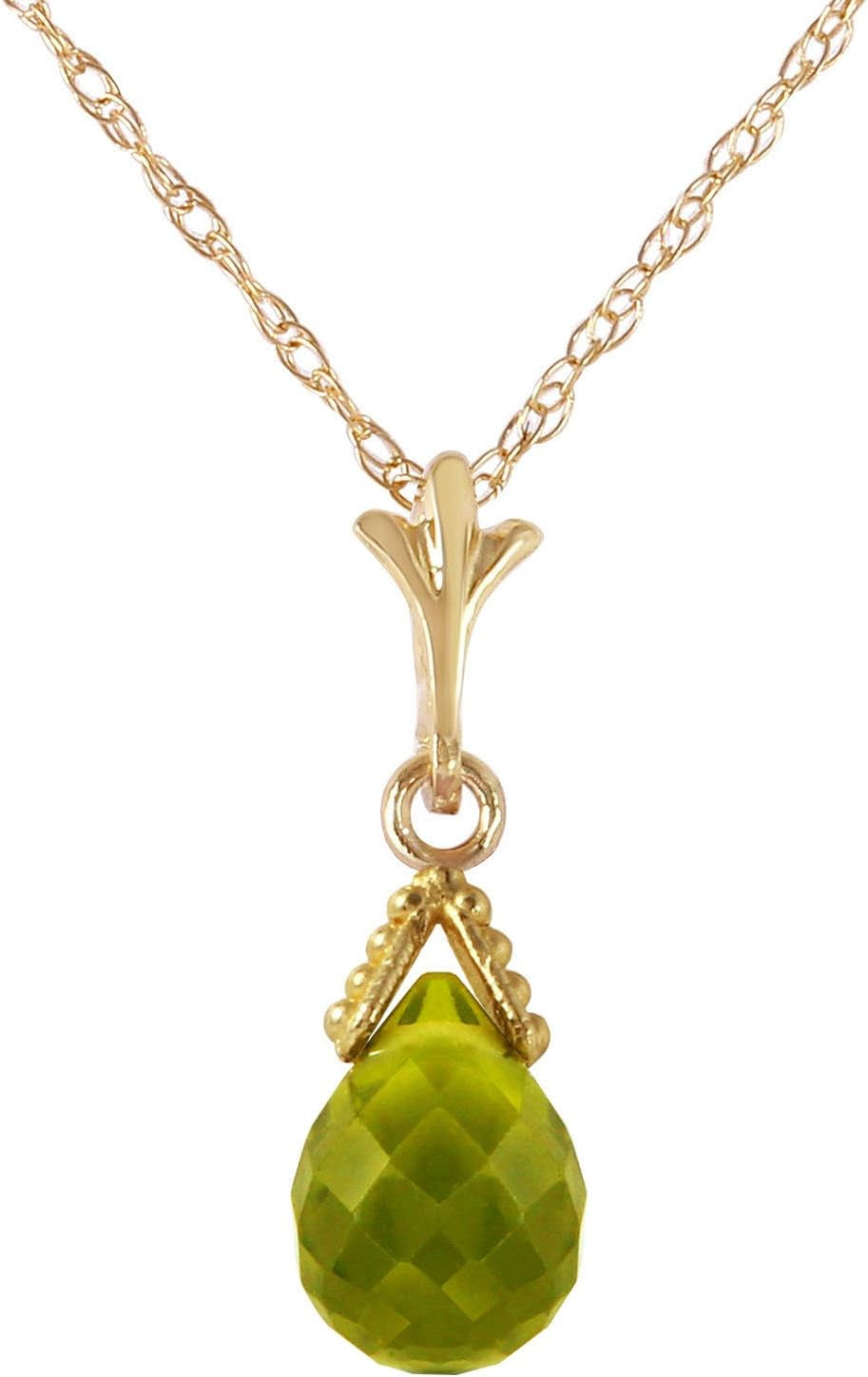 14K Solid Gold Jewelry Set: Natural Briolette 7 Carat Total Peridot Pendant Necklace and Dangle Earrings