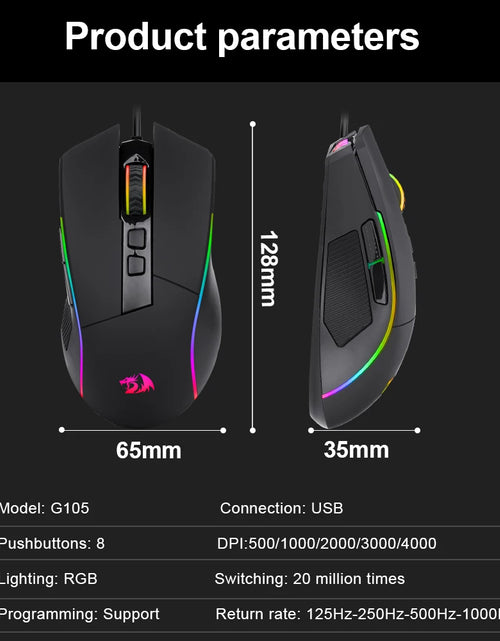 Load image into Gallery viewer, Lonewolf G105 RGB USB Wired Gaming Mouse 8000 DPI 8 Buttons Mice Programmable Ergonomic for Computer Laptop PC Gamer
