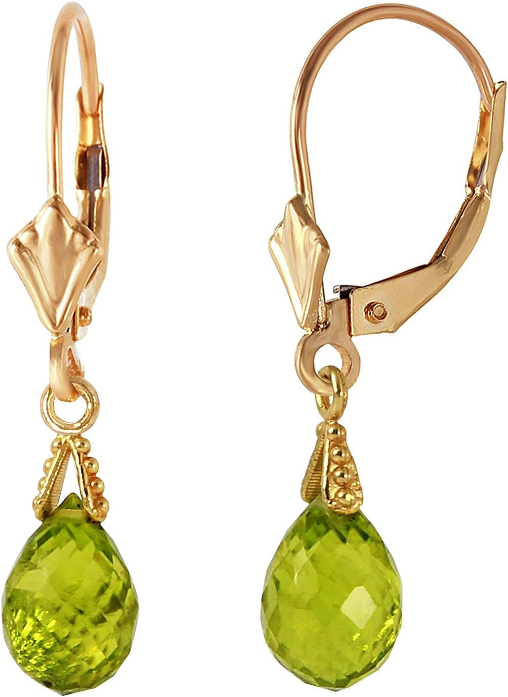 14K Solid Gold Jewelry Set: Natural Briolette 7 Carat Total Peridot Pendant Necklace and Dangle Earrings