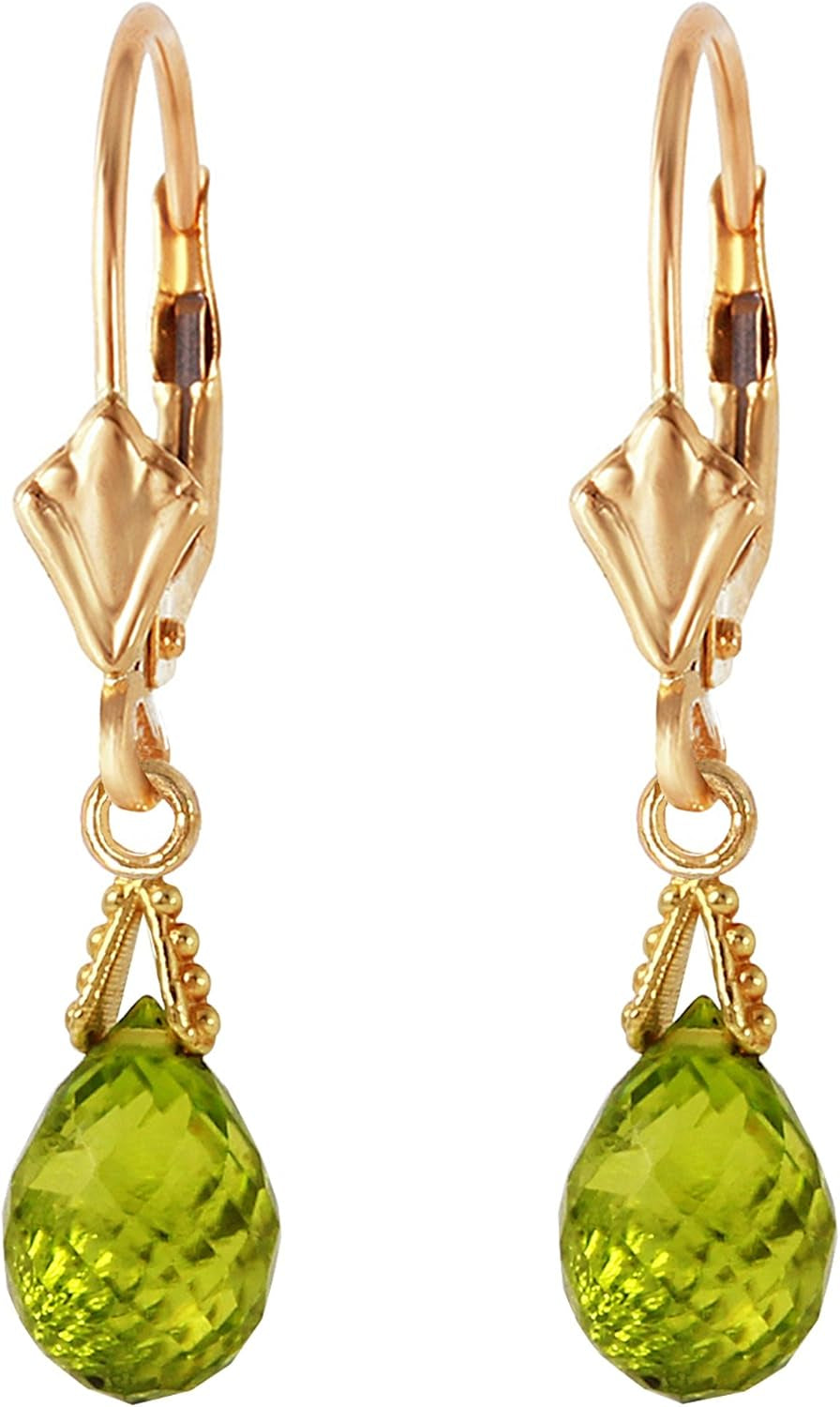 14K Solid Gold Jewelry Set: Natural Briolette 7 Carat Total Peridot Pendant Necklace and Dangle Earrings