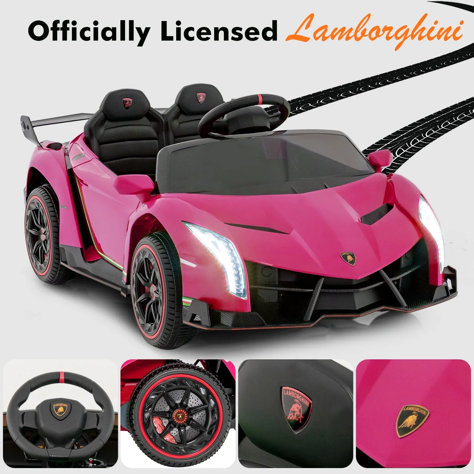 2 Seater Kids Ride on Car, 12V 4WD Licensed Lamborghini Veneno Powered Electric Vehicle with Hydraulic Doors, Rocking Mode, Adjustable Speeds, Remote Control, MP3, Headlight