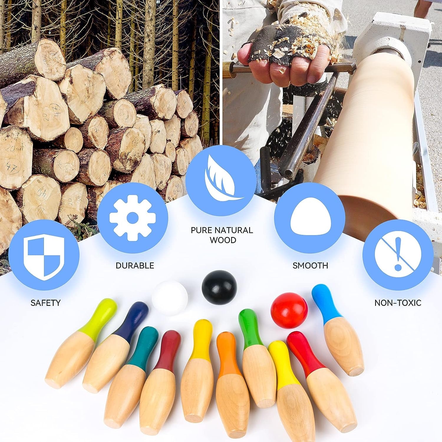 Wood Bowling Backyard Games Wooden Pins Balls,And Mesh Carrying Bag Educational Games Indoor and Outdoor Toys Family Fun for Kids Toddlers and Adults